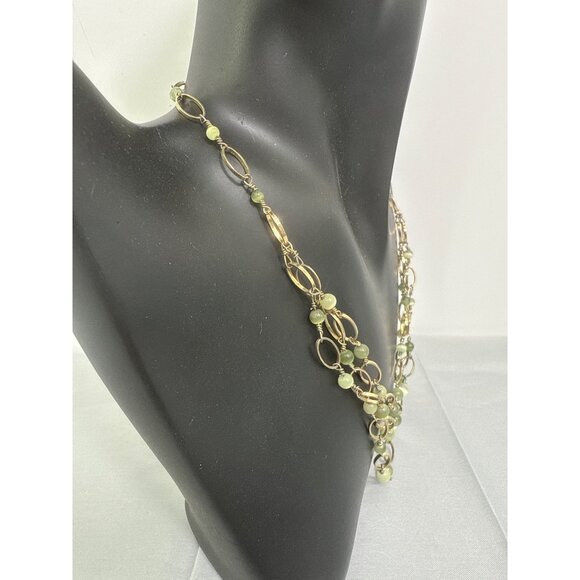 Layered Jade Green Pearl Gold Chain Multistrand Statement Necklace - Picture 3 of 5